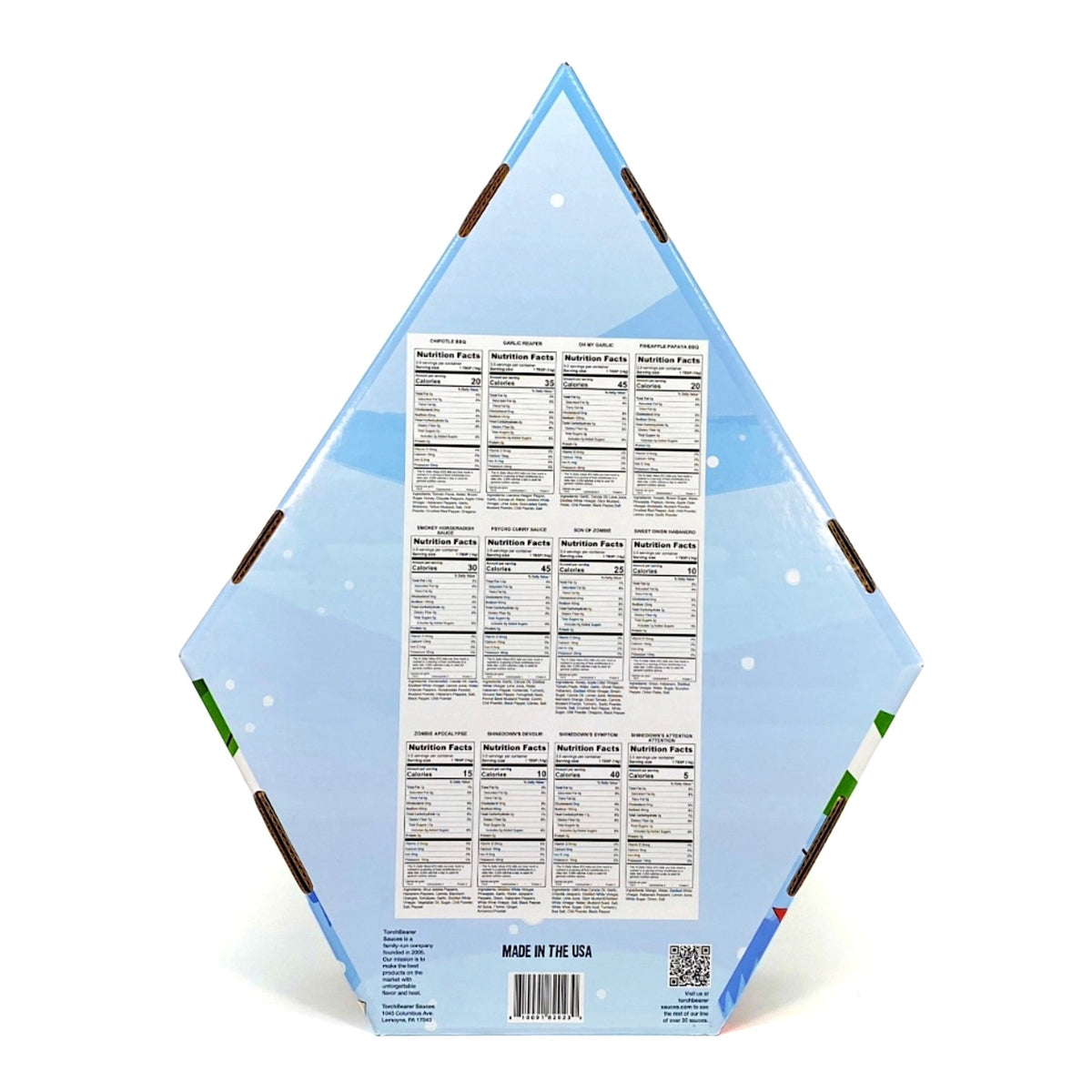 back panel of tree advent aclendar with nutritional infomation and ingredients.