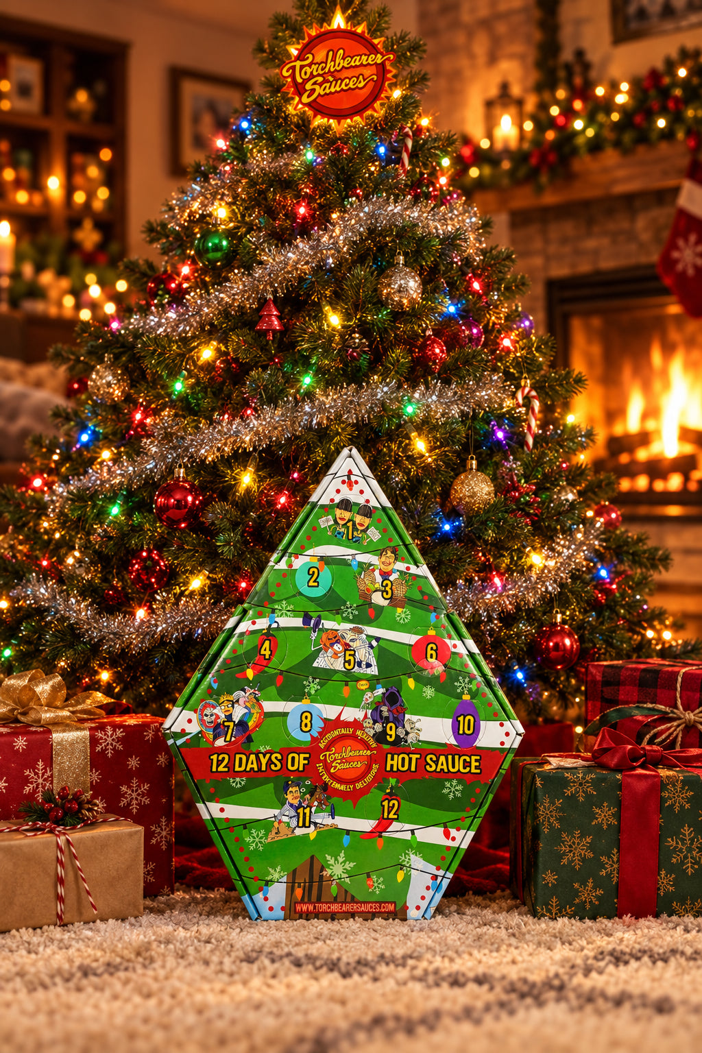 A Christmas-themed hot sauce advent calendar shaped like a tree, with 12 numbered doors and colorful holiday illustrations, photographed on a white background.