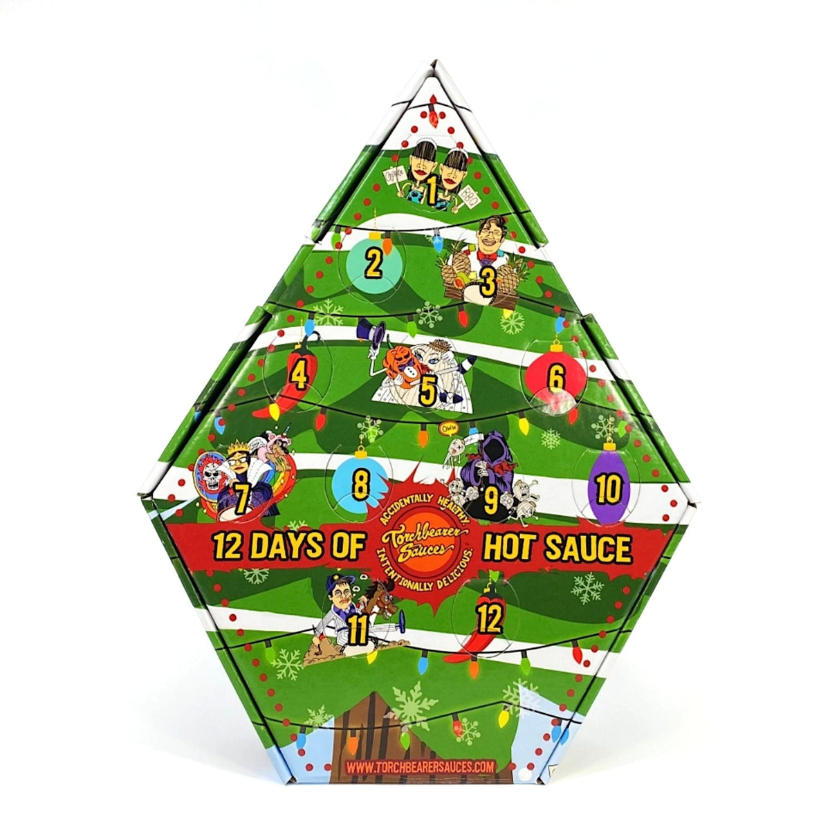 A Christmas-themed hot sauce advent calendar shaped like a tree, with 12 numbered doors and colorful holiday illustrations, photographed on a white background.