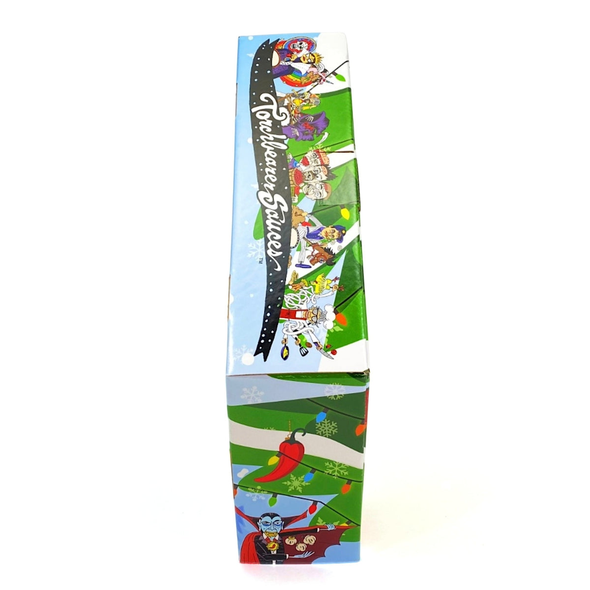 side view of tree advent calendar with company logo and a collection of characters.